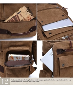 Close-up of multi-pocket layout on brown canvas backpack showing storage for iPad and tech gear