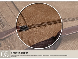 Detail view of smooth metal zipper and leather puller on high-density canvas backpack