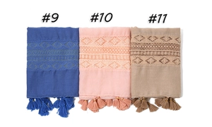 Detailed embroidery and lace tassels on colorful shawls, items numbered 9, 10, and 11