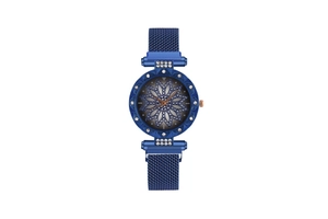 Detail of dark blue lady watch featuring a floral dial with sparkling rhinestone indexes