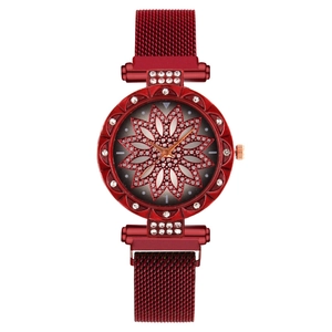Elegant burgundy quartz watch with magnetic mesh strap and rhinestone floral dial