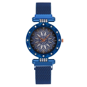 Women's blue starry sky quartz watch with magnetic mesh strap and floral pattern dial