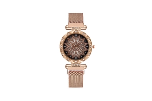 Detail of rose gold mesh band watch with floral hollow dial and rhinestone accents