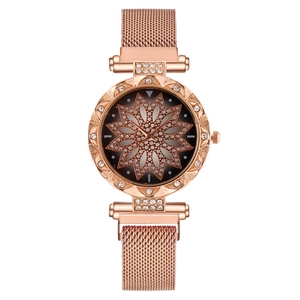 Women's Quartz Watch Metal Mesh Strap Magnetic Buckle Rhinestone Flower Dial Fashion Elegant Wristwatch