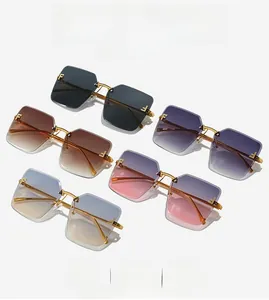 Detailansicht der quadratischen randlosen Sonnenbrille in fünf Verlaufsfarben mit Metall