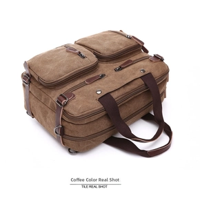 Macro detail of brown canvas messenger bag showing front zipper pockets and leather pulls