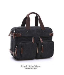 Macro side view of a black canvas briefcase with brown handles and multi-pocket details