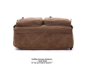 Detailed bottom view of brown canvas business bag showing durable stitching and zippers