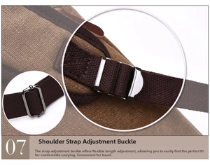 Detail of adjustable shoulder strap with metal buckle on canvas 17-inch laptop bag