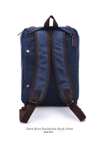 Detailed back view of dark blue canvas laptop bag showing padded straps and zipper pocket