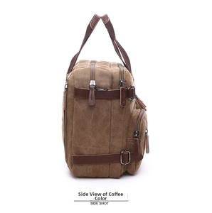 Side view of brown canvas 3-way briefcase showing multiple zipper compartments and leather straps
