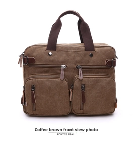Front view of brown canvas business briefcase with two zippered front pockets