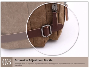 Detail view of the canvas bag expansion buckle and leather strap with adjustable metal clip