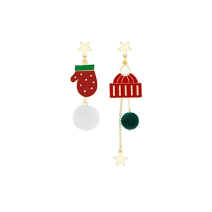 Asymmetric Christmas earrings with red hat, gloves and plush pompom on white background