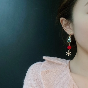 Christmas star earrings with green tree, red fur ball and golden snowflake drops