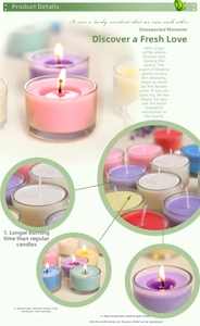 Detailed view of colorful glass scented candles featuring smokeless burning and heat-resistant jars