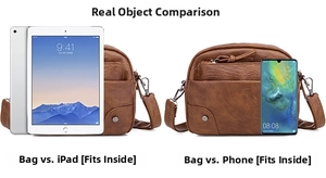 Sac bandoulière en cuir marron pouvant contenir un iPad 9,7 pouces et un grand smartphone