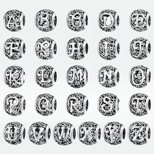 925 Sterling Silver Alphabet Letter Beads Hollow Floral Pattern Charms For DIY Jewelry Making Bracelets Necklaces