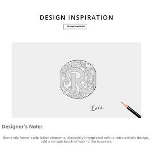 Macro sketch detail of S925 silver charm with letter R, cherry blossoms and butterflies