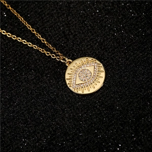 Gold-plated geometric disk evil eye pendant necklace with micro-paved cubic zirconia