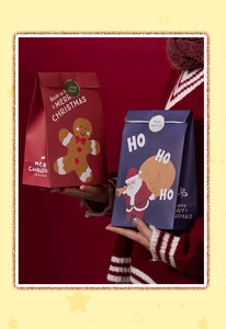Close-up of hand-held Christmas paper gift bags with Santa Claus and Gingerbread Man motifs
