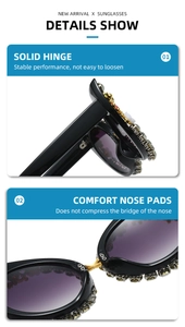 Detail view of cat eye sunglasses showing reinforced hinges and comfort nose pads with rhinestones