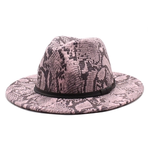 Detail of pink and black snakeskin pattern felt fedora hat with a slim black band