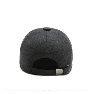 Rear view of grey wool baseball cap showing adjustable metal buckle and stitching