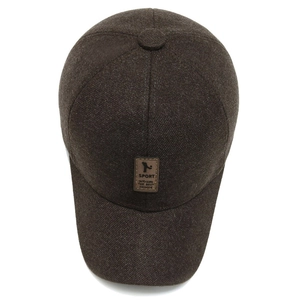 Men's winter baseball cap with ear protection and sport patch in dark brown fabric