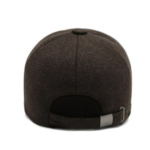 Dark brown wool baseball cap for elderly men with ear protection and adjustable metal buckle