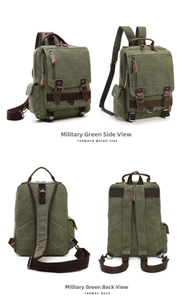 Dettaglio dello zaino in tela verde militare con cinturini in pelle e fibbie in metallo