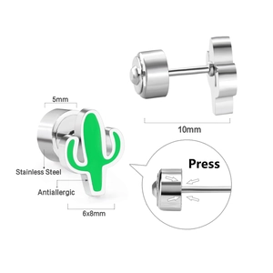 Detailed view of silver stainless steel cactus stud earrings with green enamel and dimensions