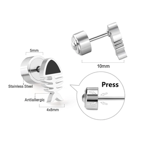 Macro view of fishbone stainless steel stud with dimensions and antiallergic features