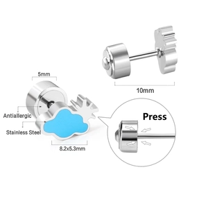 Close-up showing cloud and sun stud earrings with precise dimensions and antiallergic backs
