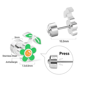 Detail view of floral stainless steel stud earrings with green oil drip craft and press lock