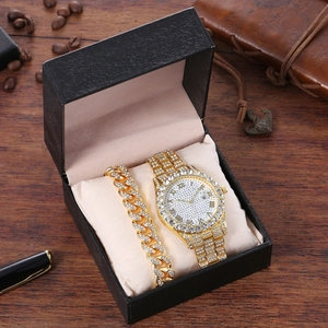 Luxury gold hip-hop watch and iced-out chain bracelet set in premium black gift box