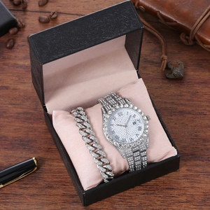 Luxury silver iced-out watch and Cuban link bracelet set in a premium black gift box