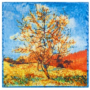 Detailed view of square silk scarf with Van Gogh's blooming peach tree floral print design