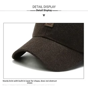 Detail view of the durable dark coffee wool fabric and CHOICE leather patch on the cap