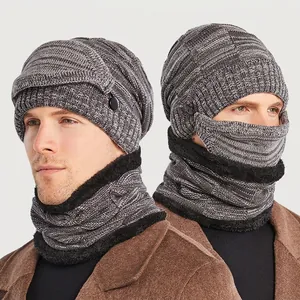 Winter Knitted Beanie Hat Neck Warmer Face Mask Thermal Fleece Lined Windproof Outdoor Men Cold Weather Accessories