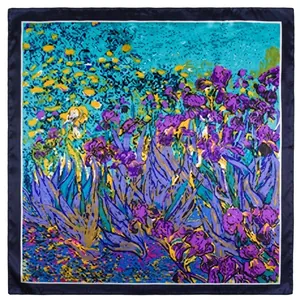 Detailed flat lay of silk scarf featuring Van Gogh Iris floral print and navy borders