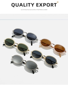 Detailed grid showing oval metal sunglasses in gold and silver with textured frames