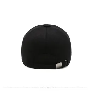 Rear view of black baseball cap showing adjustable silver metal buckle and stitching
