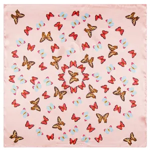 Pink silk-like square scarf with colorful butterfly patterns and satin finish for women