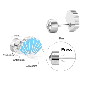 Detail view of shell-shaped stainless steel stud earrings with blue enamel and flat back