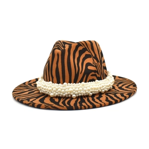 Zebra Print Fedora Hat Women Woolen Felt Wide Brim With Faux Artificial Pearl Band Fashion Jazz Sun Hat