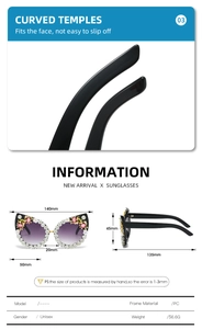 Detail view of rhinestone-encrusted cat eye sunglasses with PC frame measurements