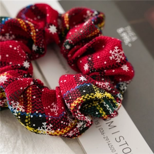 Christmas red plaid scrunchie with snowflake pattern for hair accessories styling