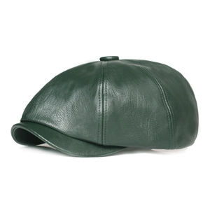 Retro dark green leather newsboy cap for men and women shown in a side 45-degree angle view