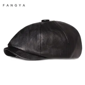 PU Leather Newsboy Cap Vintage Octagonal Beret Hat For Men Women Adjustable Solid Color Cabbie Hat
